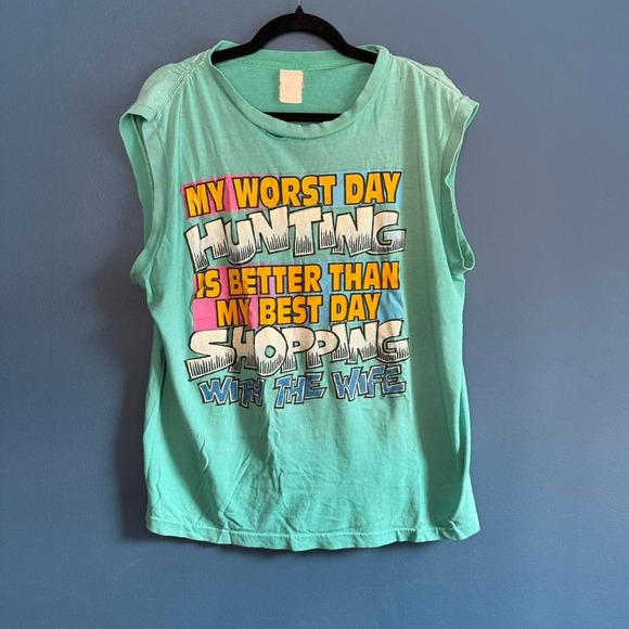 Vintage‎ 80s Funny Tee men's Size XL Hunting Teal Shopping Wife Ironic Retro - Picture 1 of 8